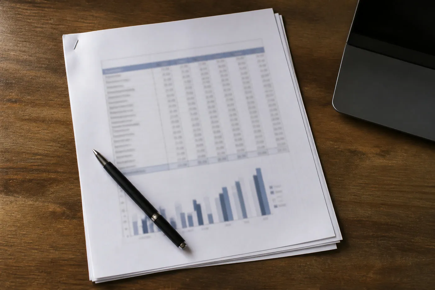 A printed report on a desk, a pen resting across a page of figures.